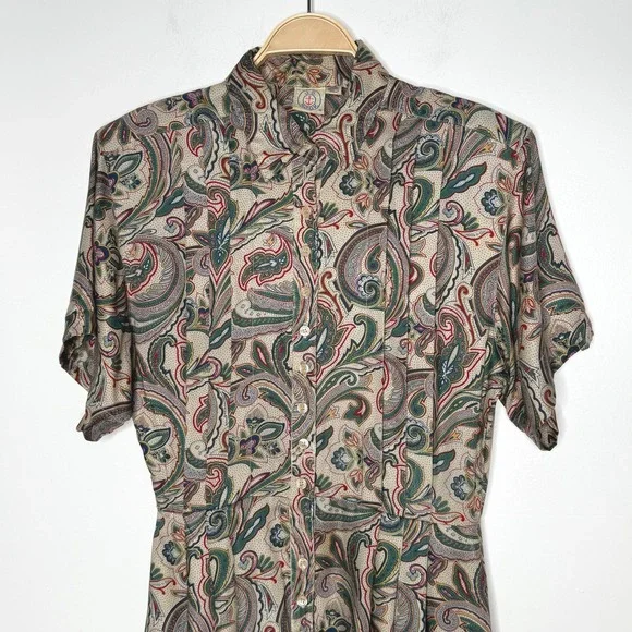 J.G. Hook Vintage Paisley Print Midi Dress Short Sleeve Button Front Sz 14 - Picture 4 of 13